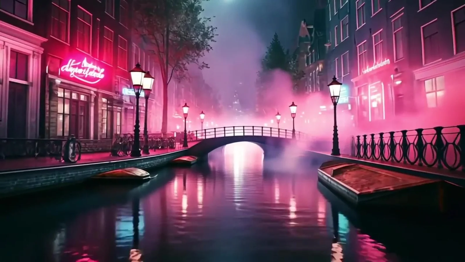 Fotograma final del videoclip de «Amsterdam»: un canal tranquilo de noche con un puente de arco de hierro, farolas en las dos orillas, barcas amarradas y niebla rosa sobre el agua