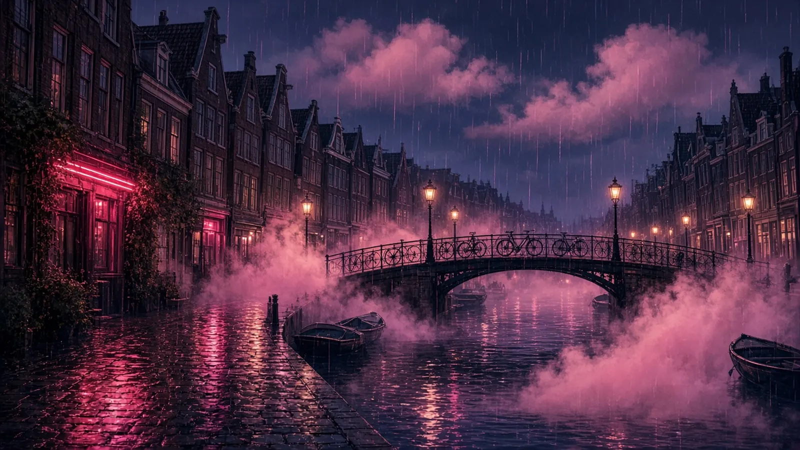 Ilustración sin personas de un canal nocturno bajo la lluvia, con casas estrechas, un puente de hierro con bicicletas, barcas y nubes rosas posadas sobre el agua