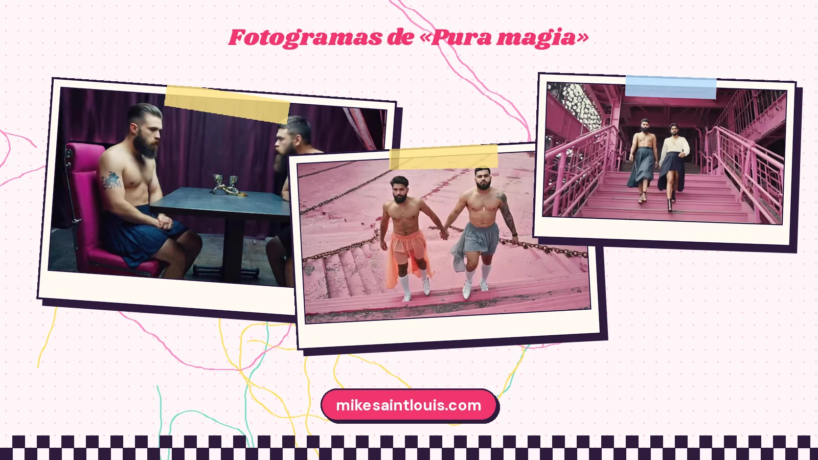 Tres fotogramas del videoclip de «Pura magia»: dos hombres con falda sentados a una mesa ante cortinas moradas, una pareja con tutús cogida de la mano en una rampa rosa y dos figuras en una escalera rosa