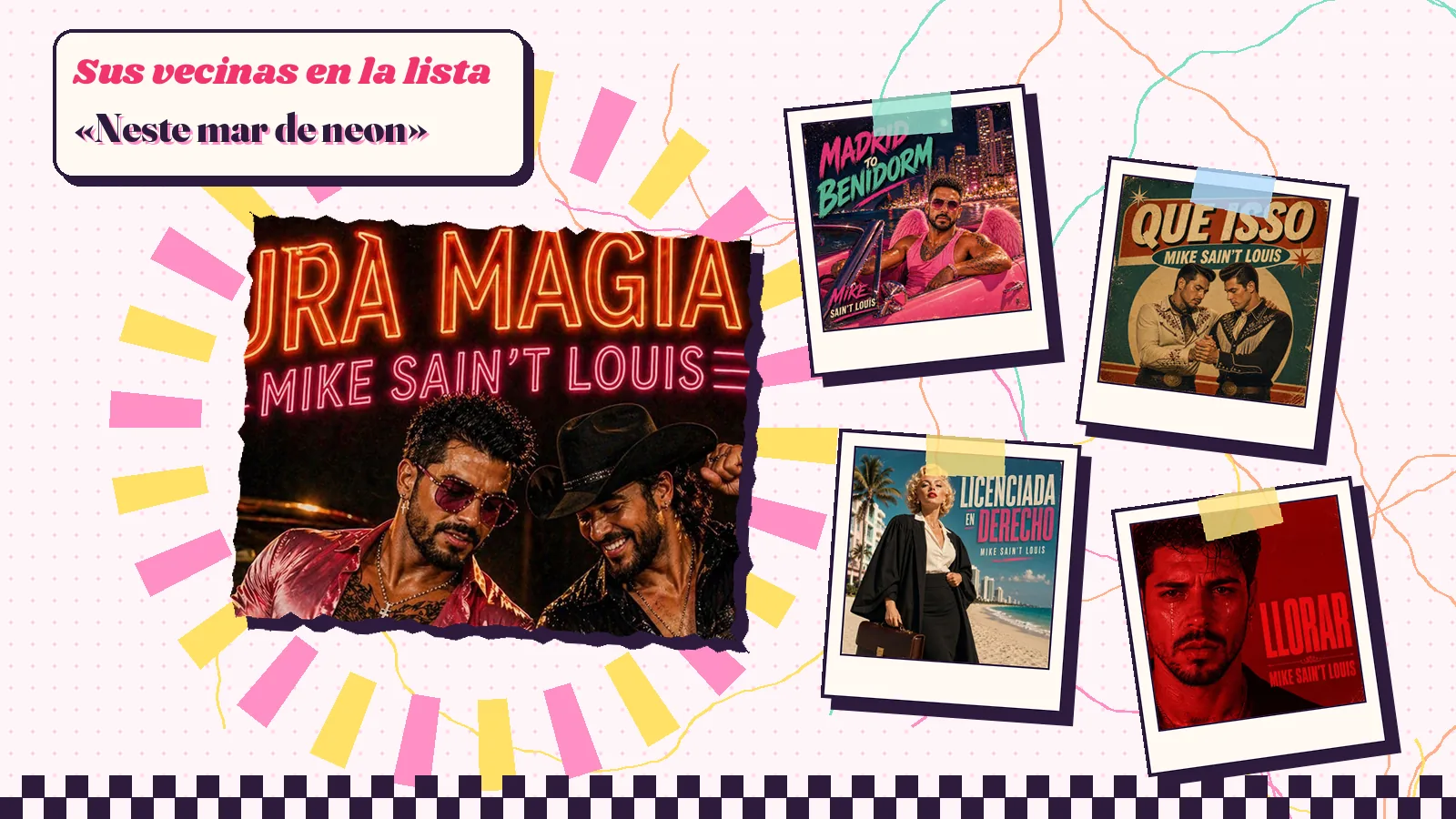 Portada de «Pura magia» con dos hombres bailando bajo un letrero de neón, el verso «Neste mar de neon» y sus vecinas: «Madrid to Benidorm», «Que isso», «Licenciada en derecho» y «Llorar»