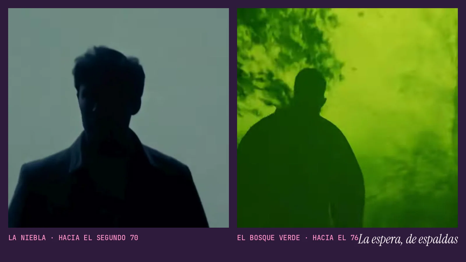 Díptico con dos fotogramas del videoclip de «La noche no es para mí»: una silueta oscura sin rostro en la niebla junto a una farola y una figura de espaldas en un bosque teñido de verde ácido