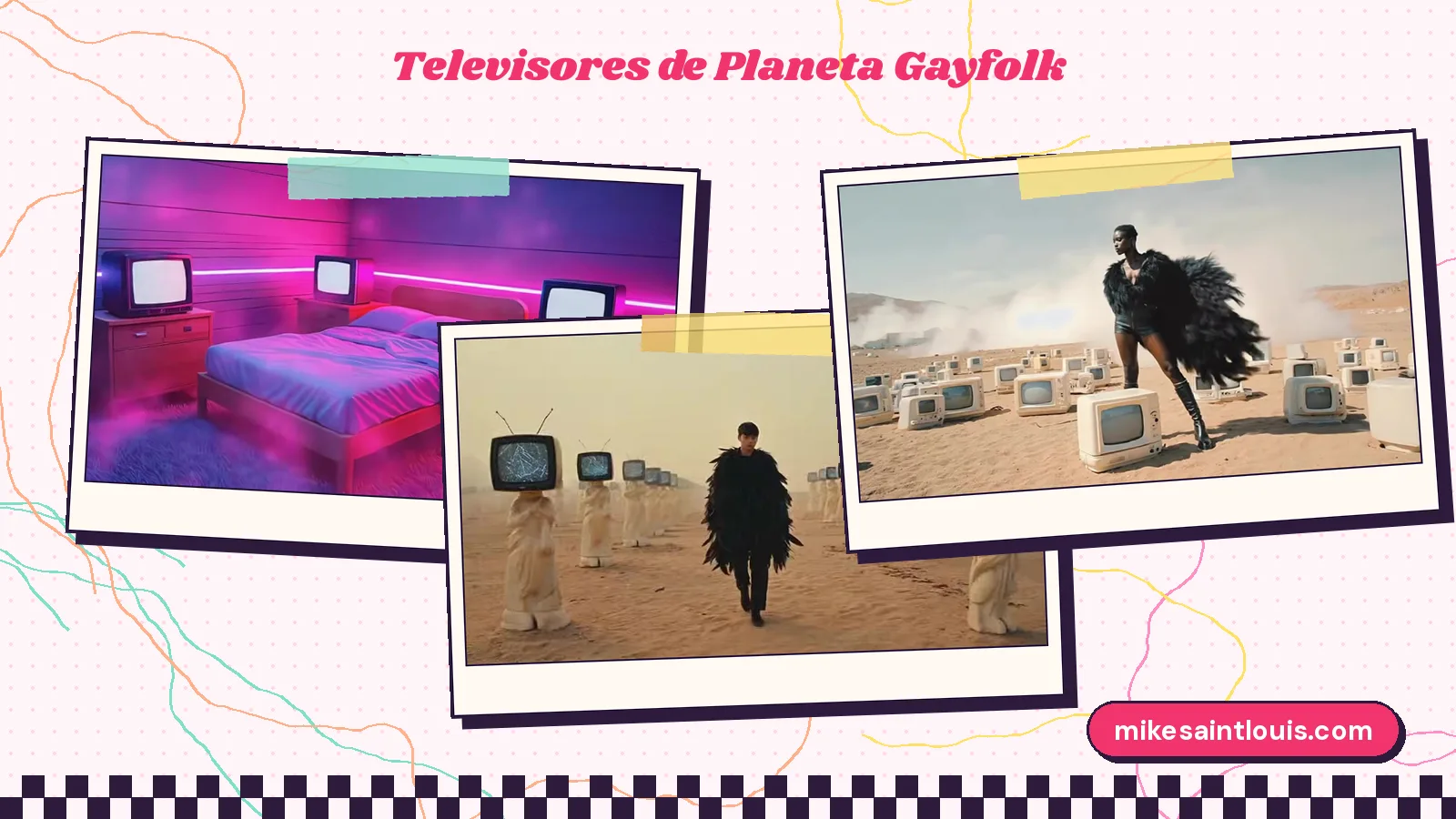 Tres fotogramas de videoclips de Mike Sain't Louis: un dormitorio con televisores antiguos bajo luz neón rosa y dos desiertos de «Tangled Light», uno con figuras con cabeza de televisor y otro sembrado de pantallas viejas