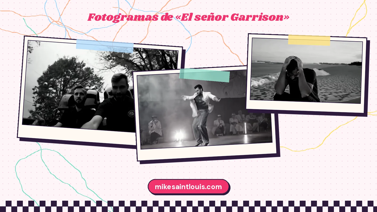 Tres fotogramas en blanco y negro del videoclip de «El señor Garrison»: dos chicos en el vagón de una montaña rusa, un bailarín con camisa blanca abierta en una sala con humo y un hombre sentado en la playa con la cabeza entre las manos