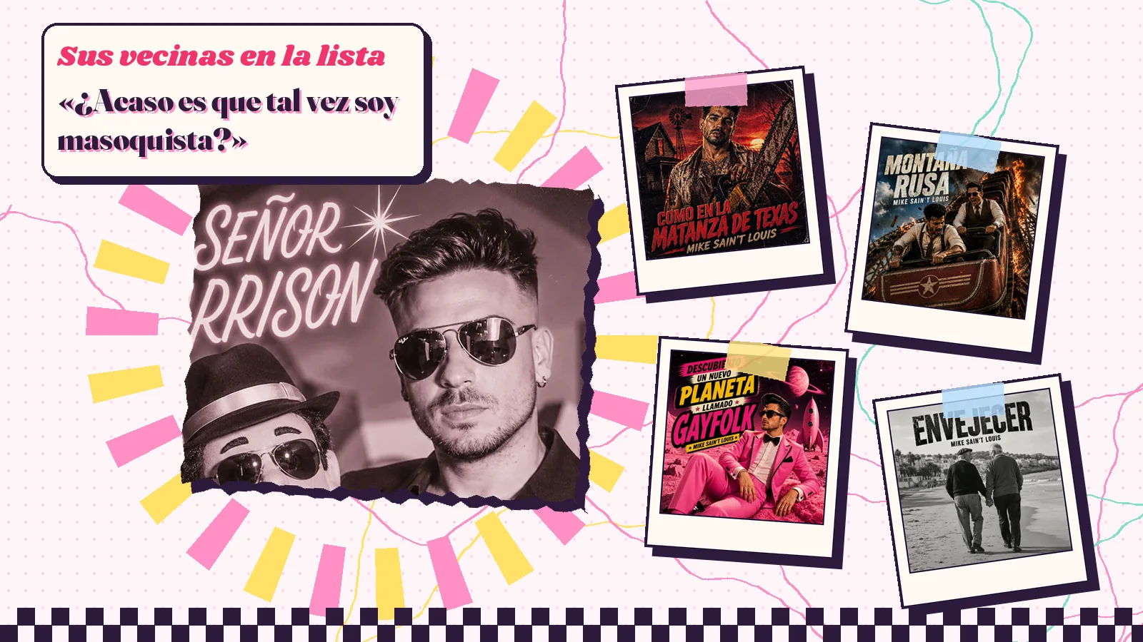 Collage con la portada de «El señor Garrison», un muñeco de ventrílocuo con sombrero junto a un chico con gafas de aviador, y cuatro portadas vecinas como «Montaña rusa» y «Envejecer», con el verso «¿Acaso es que tal vez soy masoquista?»