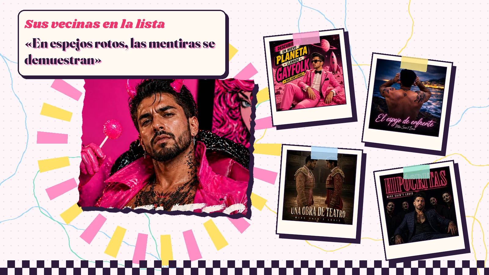 Collage con un detalle de la carátula de «Mentes diabólicas» y las carátulas de «DESCUBIERTO UN NUEVO PLANETA LLAMADO GAYFOLK», «El espejo de enfrente», «Una obra de teatro», «Hipócritas»