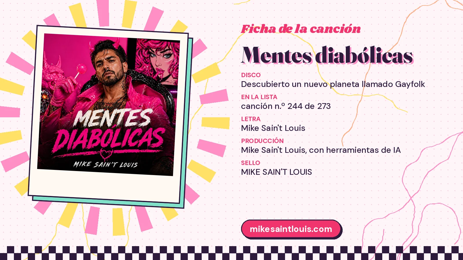 Ficha de la canción «Mentes diabólicas» con su carátula: disco «Descubierto un nuevo planeta llamado Gayfolk», letra y producción de Mike Sain't Louis