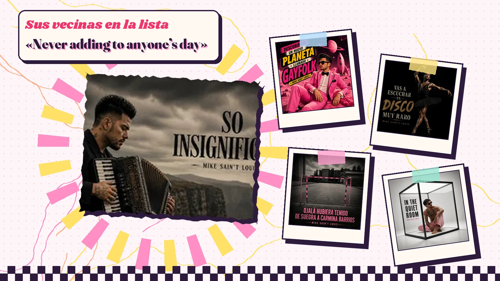 Collage con un detalle de la carátula de «So Insignificant» y las carátulas de «Descubierto un nuevo planeta llamado GAYFOLK», «Vas a escuchar un disco muy raro», «Ojalá hubiera tenido de suegra a Carmina Barrios», «In the Quiet Room»