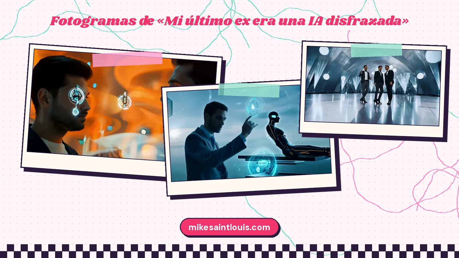 Tres fotogramas del videoclip de «Mi último ex era una IA disfrazada»: dos hombres con circuitos azules encendidos junto a los ojos, un hombre que toca un holograma junto a un robot tumbado en una camilla, y tres hombres con traje y tacones en un salón abovedado de luces blancas