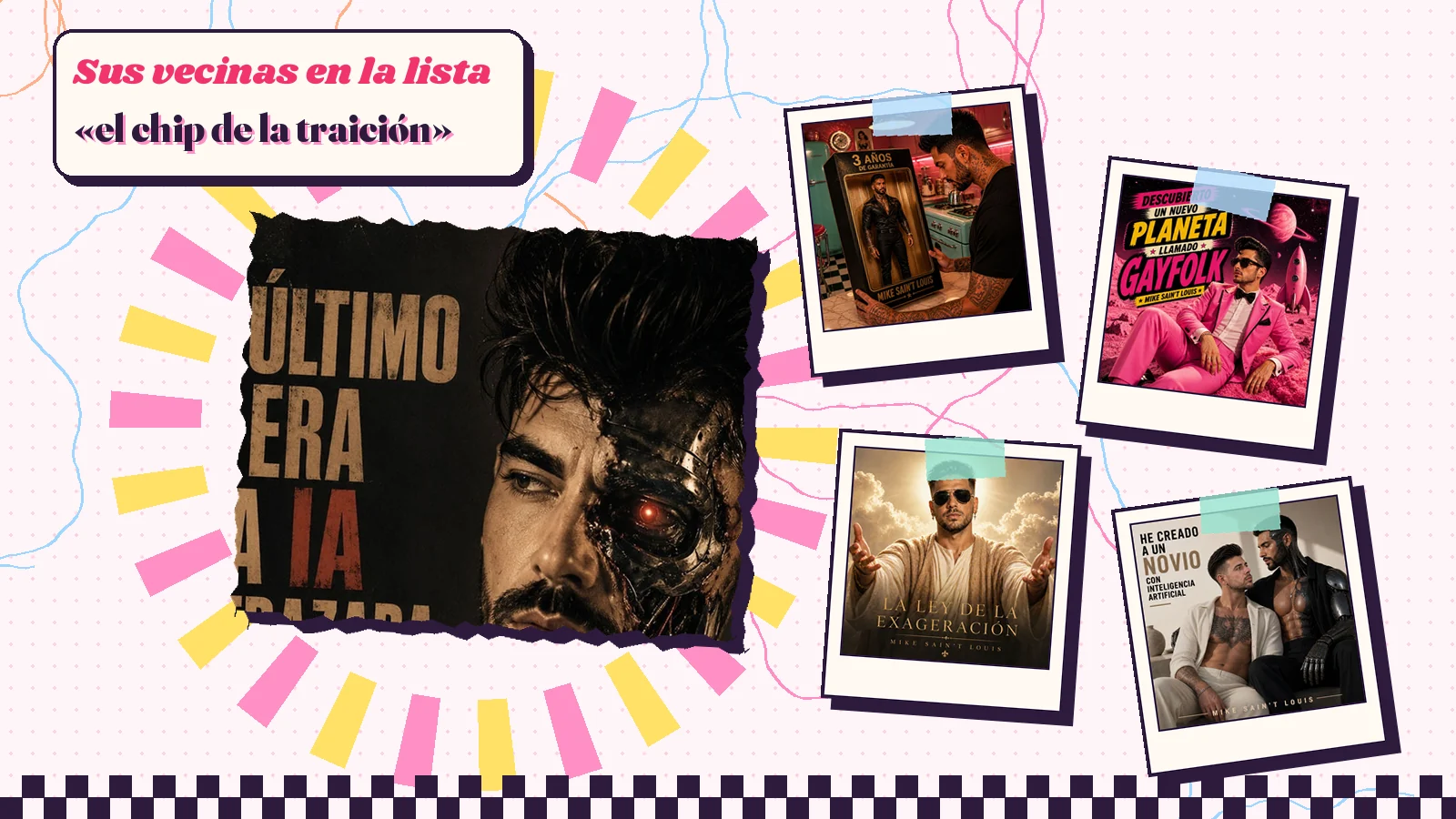 Collage con la portada de «Mi último ex era una IA disfrazada», un rostro mitad piel y mitad máquina, junto a cuatro portadas vecinas, entre ellas «La ley de la exageración» y la del primer disco, con el verso «el chip de la traición»