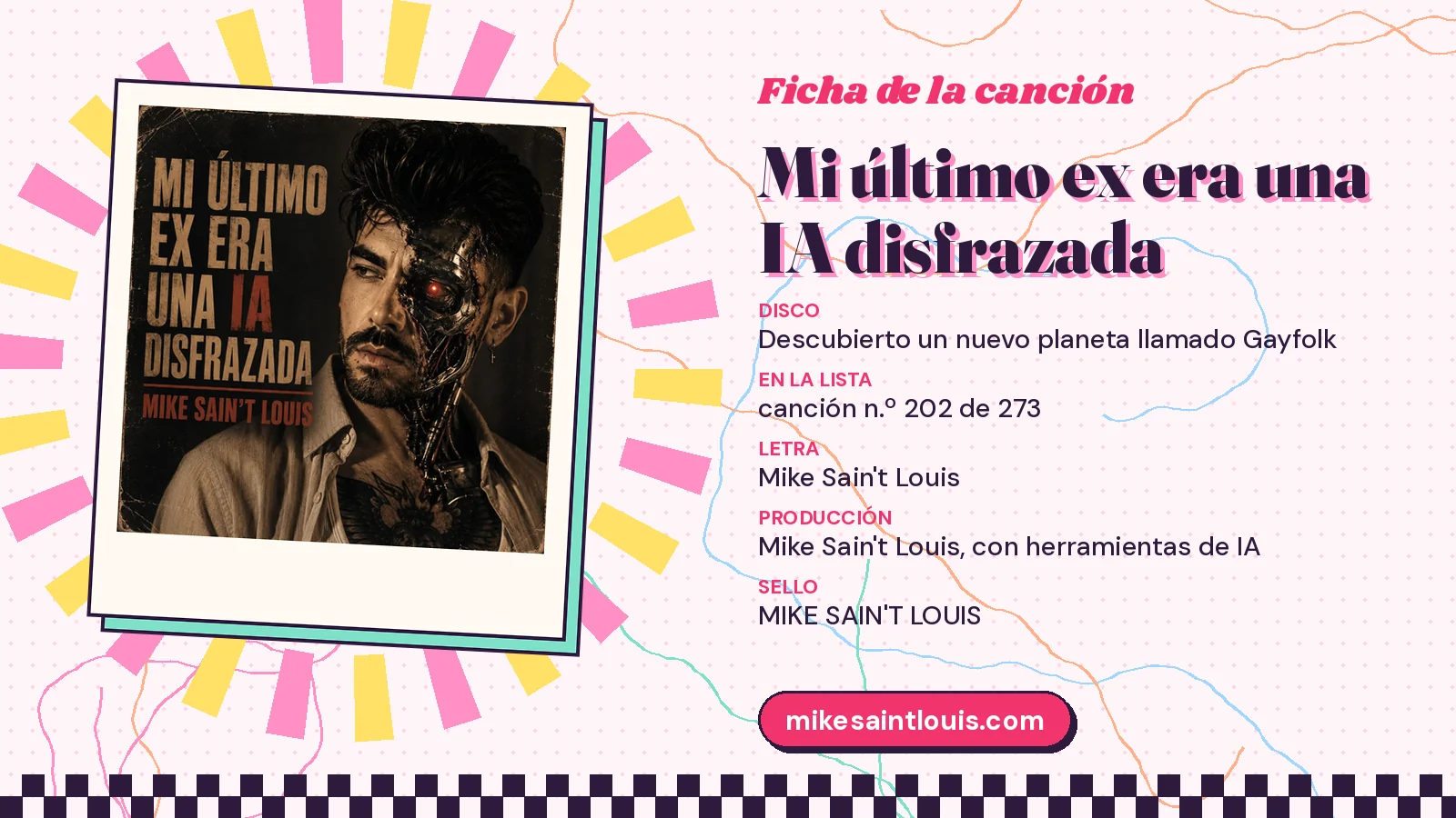Ficha de «Mi último ex era una IA disfrazada» con su portada de rostro medio robot, el primer disco y el puesto 202 de 273 en la lista de canciones