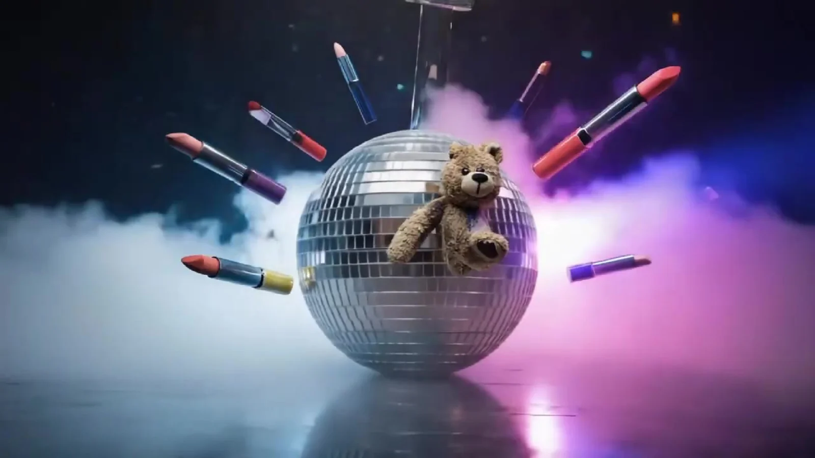 Fotograma del videoclip de «Veneno»: un oso de peluche marrón sentado sobre una gran bola de espejos mientras vuelan pintalabios entre humo rosa y azul