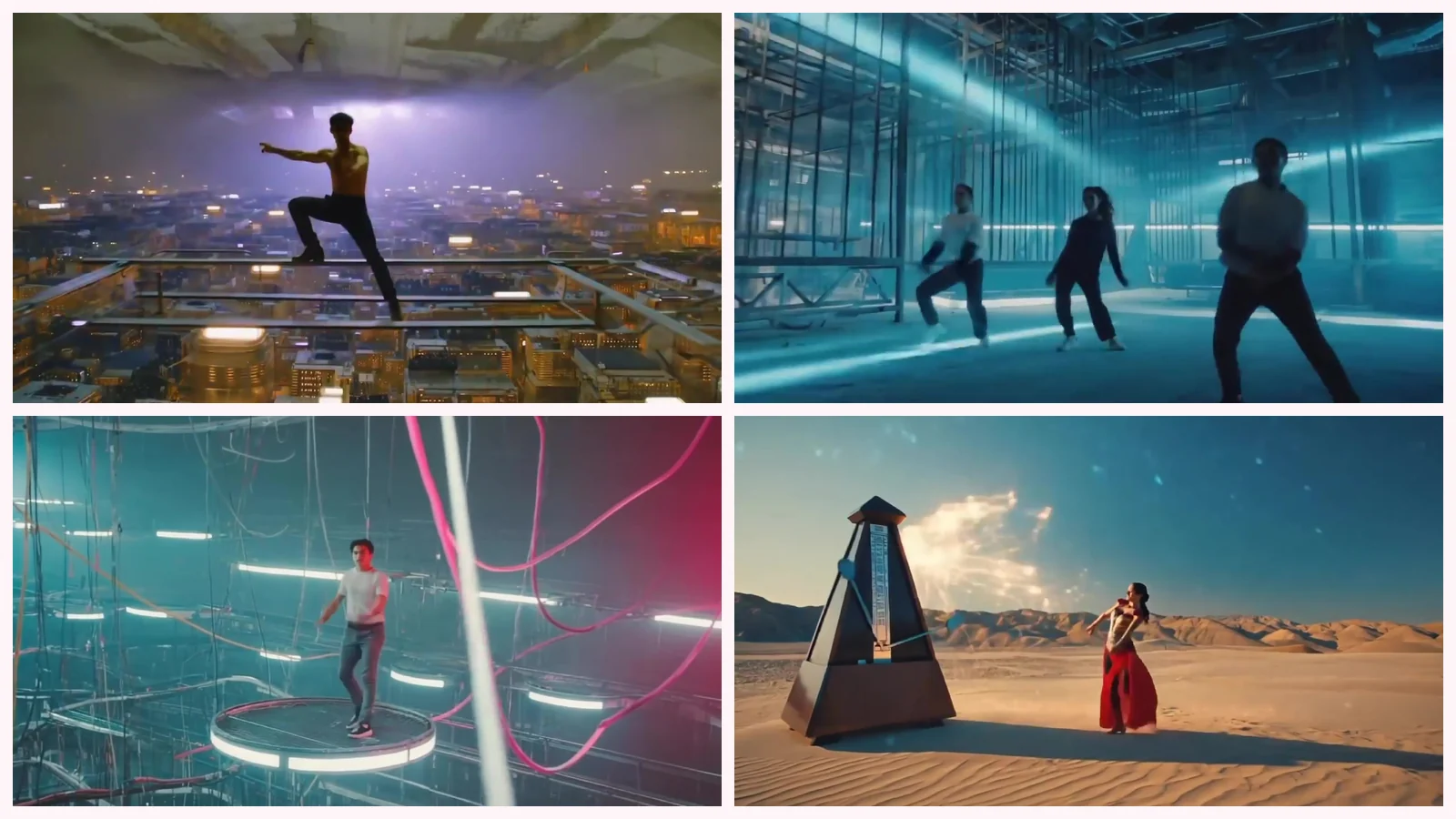 Mosaico de cuatro fotogramas de «Hipnótico robótico»: una figura en una azotea de cristal sobre la ciudad con un rayo, bailarines en un almacén de cristal azul, un hombre en una plataforma circular entre cables y un metrónomo gigante en el desierto