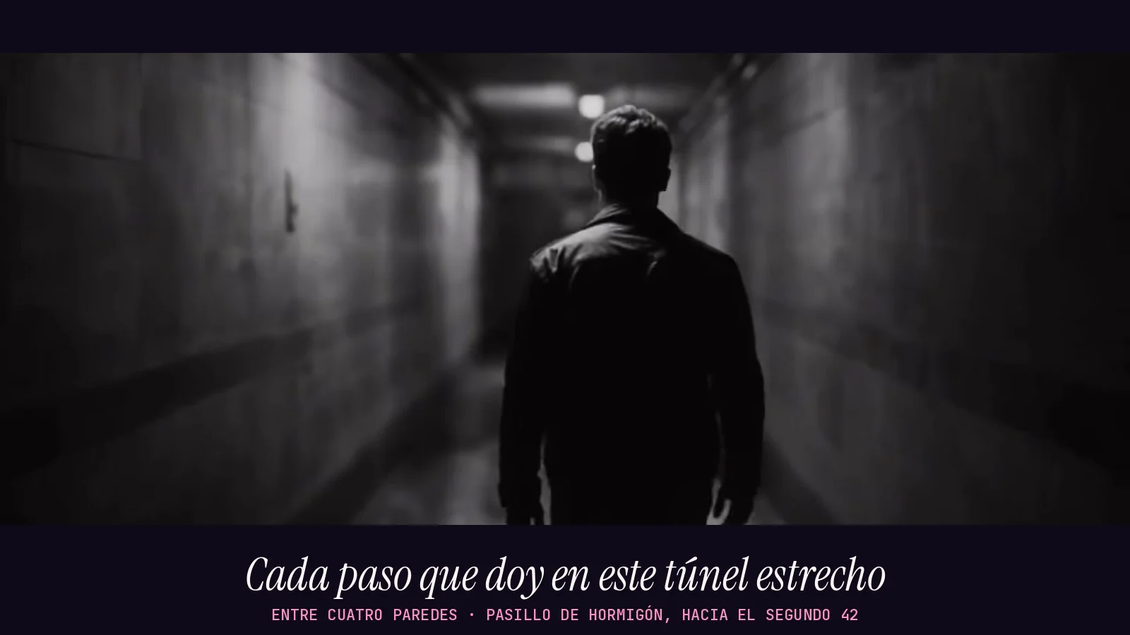 Fotograma panorámico en blanco y negro del videoclip de «Entre cuatro paredes»: un chico con chaqueta de cuero, de espaldas, camina por un pasillo de hormigón hacia una bombilla al fondo, con el renglón «Cada paso que doy en este túnel estrecho»