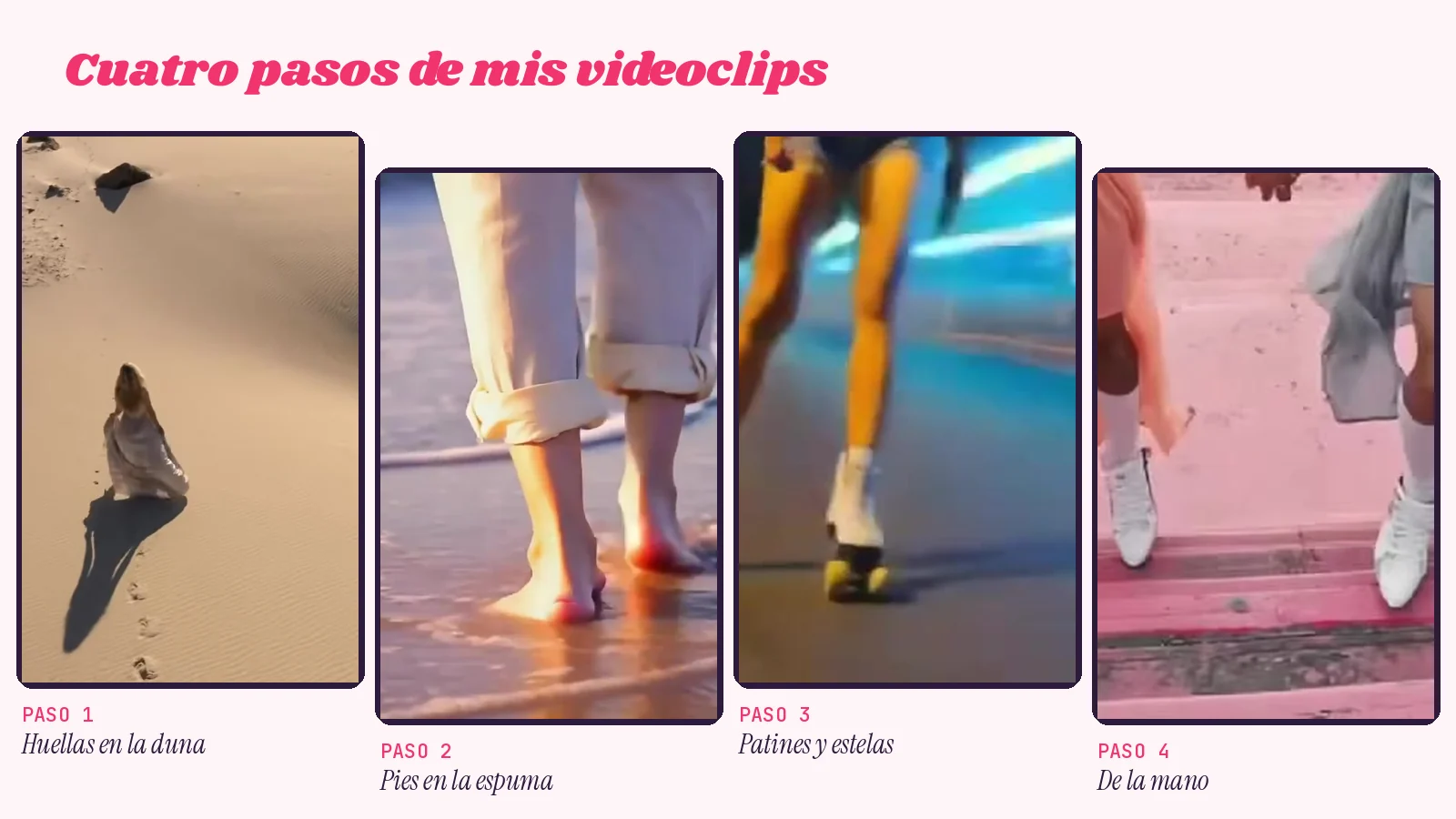 Cuatro recortes verticales numerados como pasos: una figura con vestido claro sube una duna dejando huellas («Sunset Boulevard»), pies descalzos con pantalón blanco remangado en la espuma («Drift Away»), piernas con patines sobre estelas de luz («Can't Wait») y calzado blanco bajando una escalera rosa («Pura magia»)