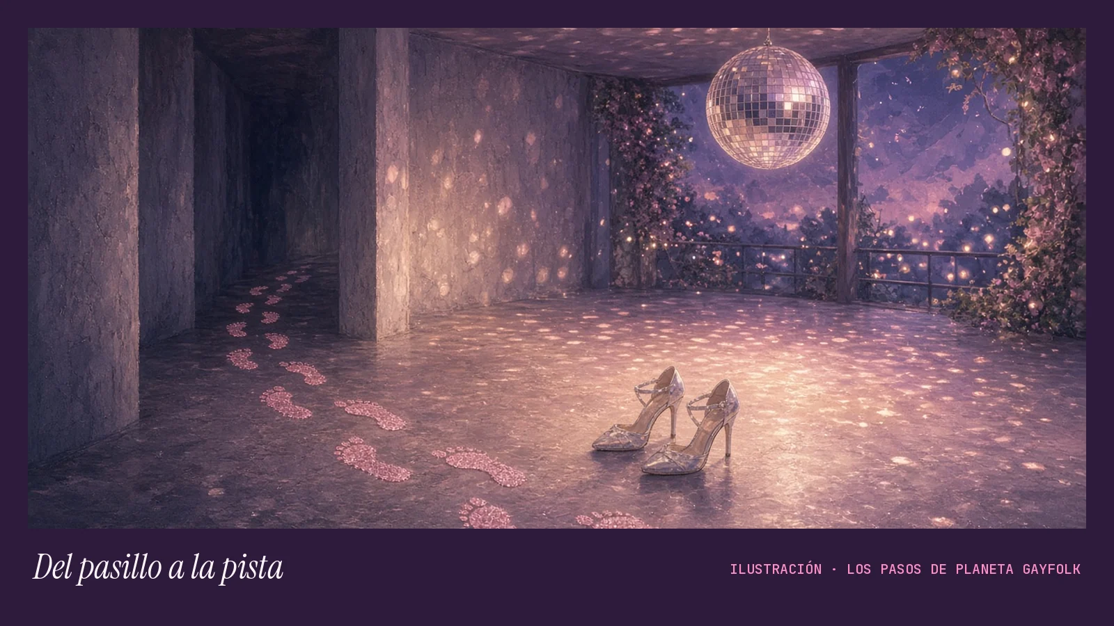 Ilustración sin personas: un pasillo de hormigón del que salen huellas de purpurina rosa hasta una pista de baile vacía, con unos zapatos plateados de tacón en el suelo y una bola de espejos encendida, con el pie «Del pasillo a la pista»
