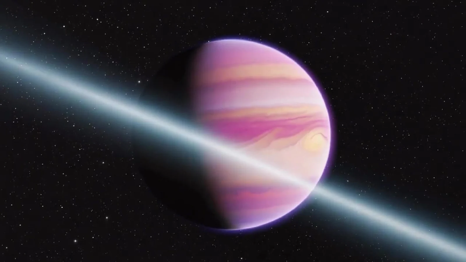 Fotograma del videoclip de «Ojalá se pudiera viajar a GAYFOLK»: un planeta de franjas rosas, naranjas y crema atravesado en diagonal por un anillo de luz blanca sobre el negro del espacio