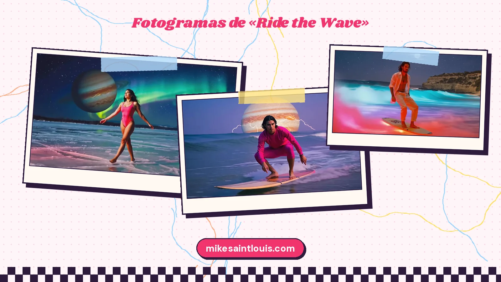 Tres fotogramas del videoclip de «Ride the Wave»: una chica con bañador rosa ante un planeta de franjas y una aurora, un surfista vestido de magenta y un chico de pelo largo sobre una ola encendida