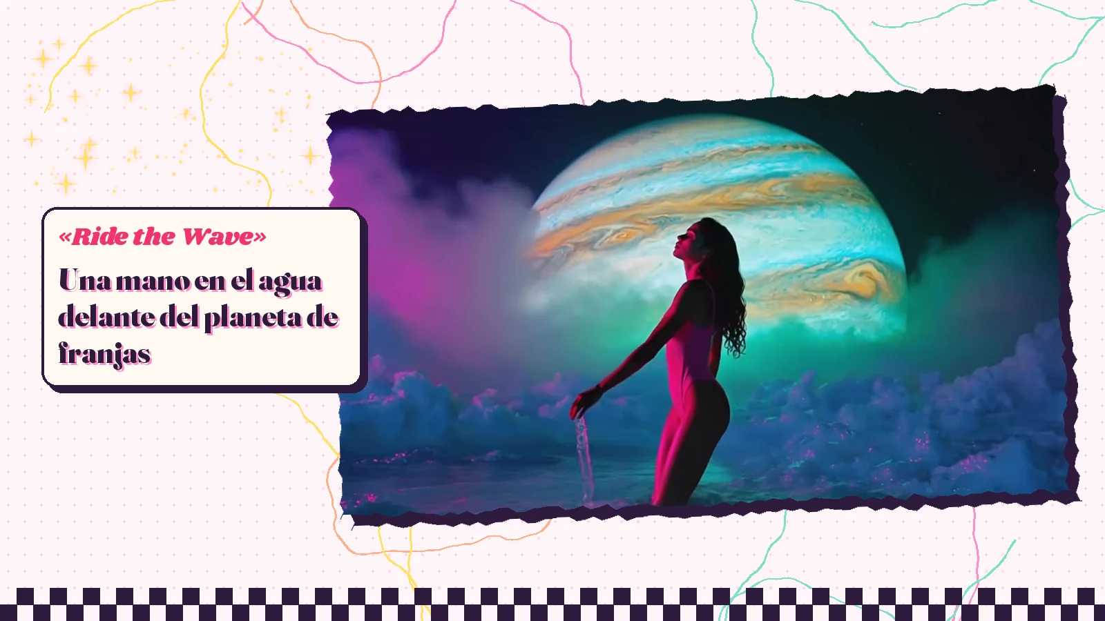 Fotograma de «Ride the Wave» con una chica de bañador rosa que mete la mano en el agua delante de un planeta gigante de franjas