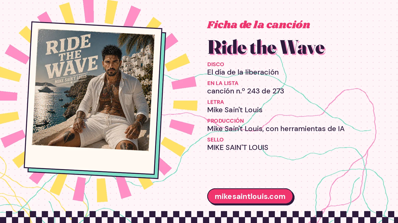 Ficha de «Ride the Wave» con su carátula: disco «El día de la liberación», canción 243 de 273, letra y producción de Mike Sain't Louis
