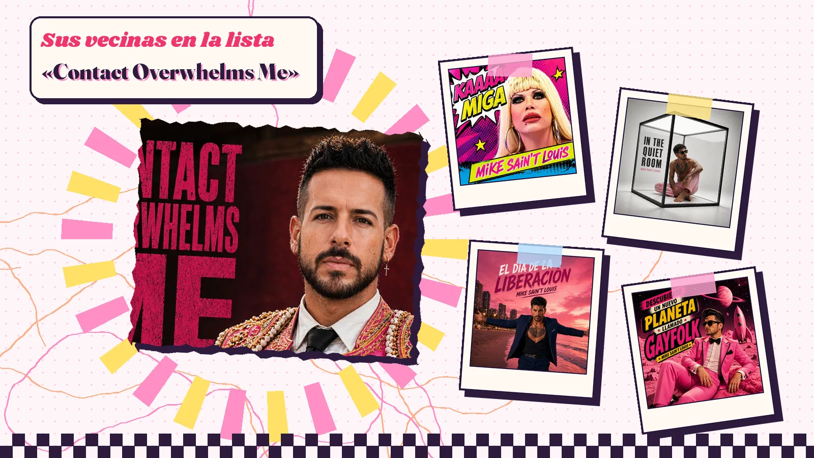 Collage de portadas: «Contact Overwhelms Me» con sus vecinas en Planeta Gayfolk, entre ellas «In the Quiet Room» y su cubo de cristal