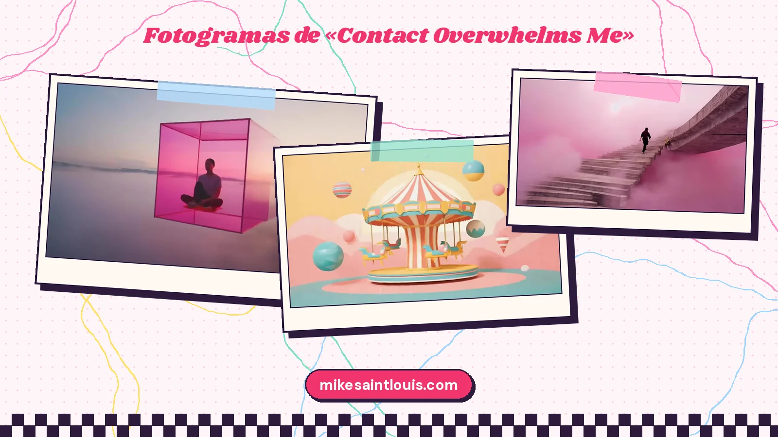 Otros tres fotogramas de «Contact Overwhelms Me»: alguien sentado dentro de un cubo de cristal rosa sobre las nubes, un carrusel pastel sin niños y un chico que sube una escalera entre nubes rosas