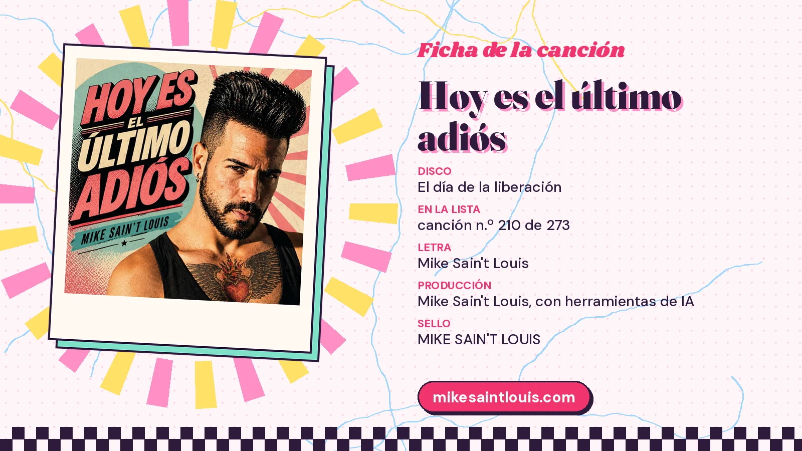 Ficha de la canción «Hoy es el último adiós» con su carátula: disco «El día de la liberación», letra y producción de Mike Sain't Louis
