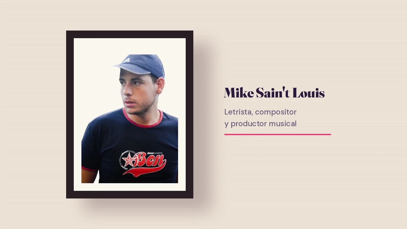 Retrato enmarcado de Mike Sain't Louis con gorra azul y camiseta oscura, junto al texto letrista, compositor y productor musical