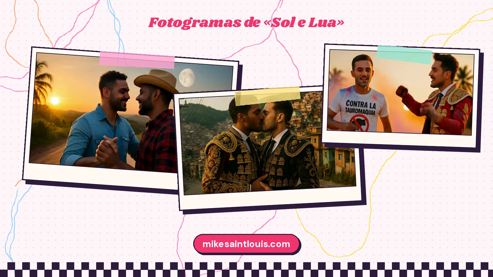 Tres fotogramas de «Sol e Lua»: un vaquero y un chico con camisa vaquera al atardecer con la luna en el cielo, dos toreros que se besan ante una favela y un activista con camiseta contra la tauromaquia junto a un torero