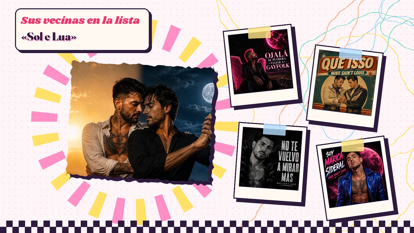 Collage de «Sol e Lua» con su carátula de dos hombres bailando entre el atardecer y la noche y las portadas de «Ojalá se pudiera viajar a Gayfolk», «Que isso», «No te vuelvo a mirar más» y «Soy marica sideral»