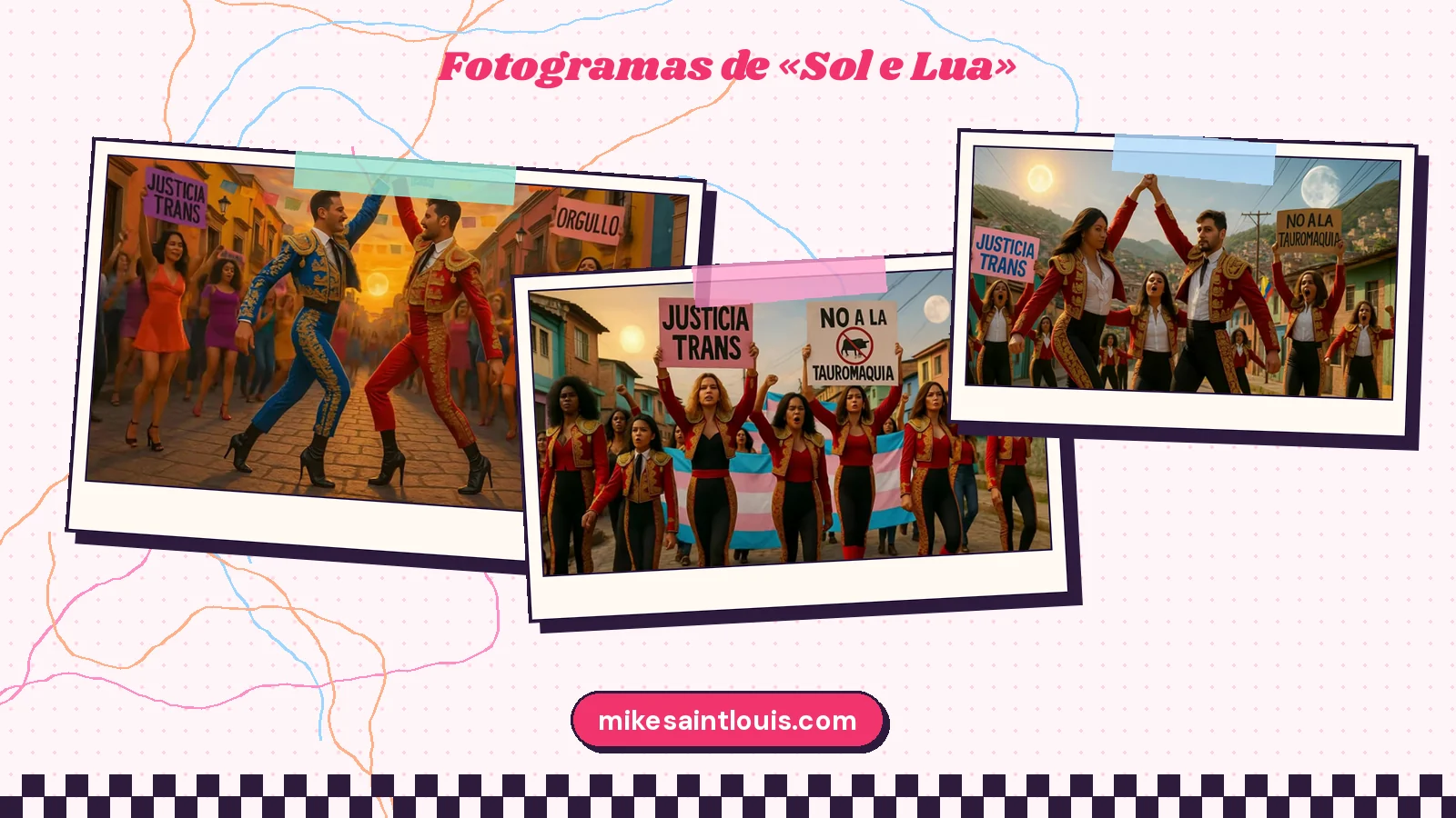 Fotogramas de la calle y la marcha de «Sol e Lua»: toreros que bailan entre carteles de orgullo y toreras con pancartas de justicia trans y contra la tauromaquia