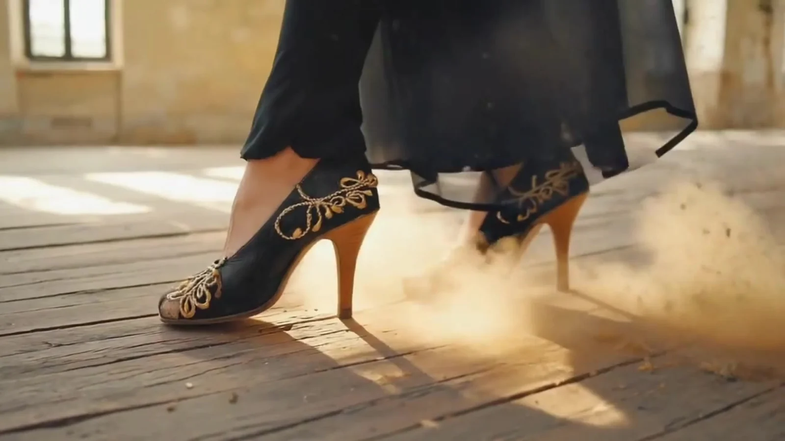 Fotograma del videoclip de «Con el taconeo»: dos zapatos de tacón negros bordados en oro golpean un suelo de tablas viejas y levantan polvo dorado