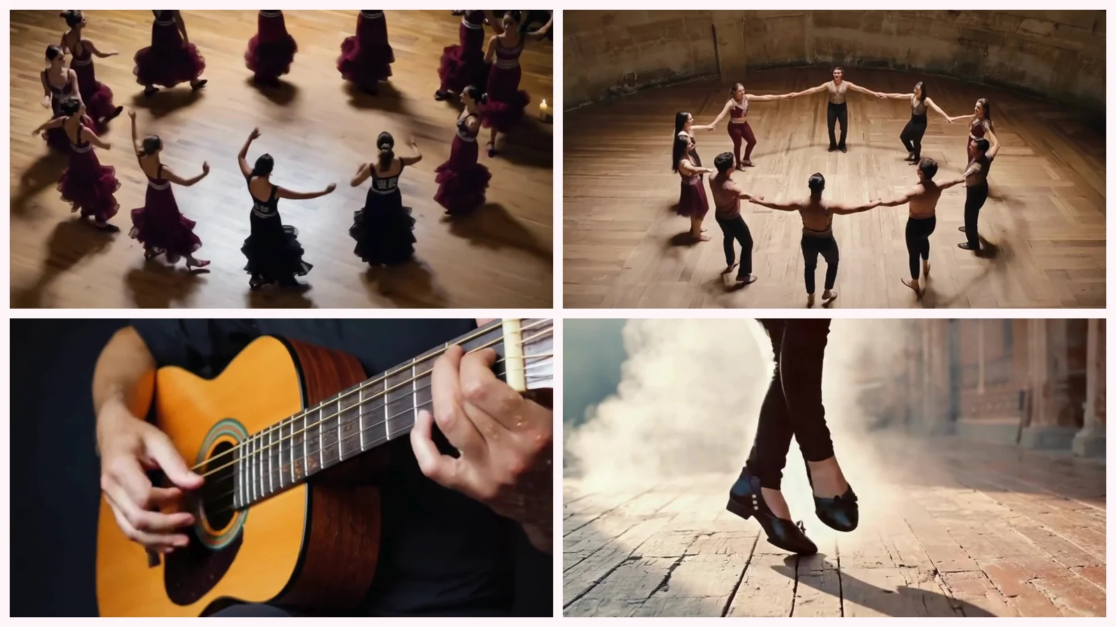 Mosaico de cuatro fotogramas de «Con el taconeo»: bailaoras con faldas granates vistas desde arriba, un corro cogido de las manos en un salón de piedra, unas manos sobre una guitarra y unos zapatos negros pisando tablas entre polvo