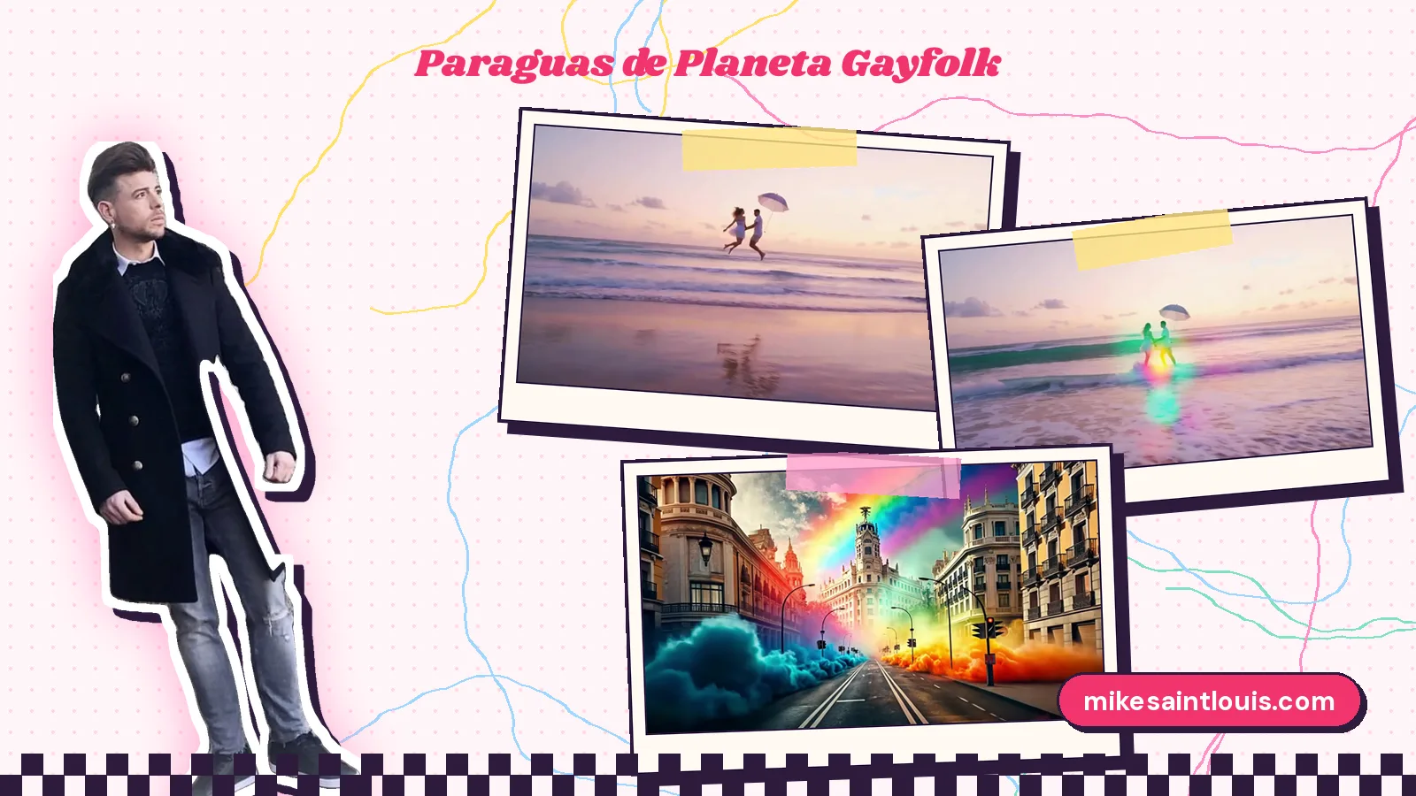 Foto de Mike Sain't Louis con abrigo negro junto a tres fotogramas: dos figuras que saltan con un paraguas transparente en una playa lila y un paraguas que brilla en verde en «Breeze», y una calle vacía con humo de colores y un arcoíris en «Tan cateto»