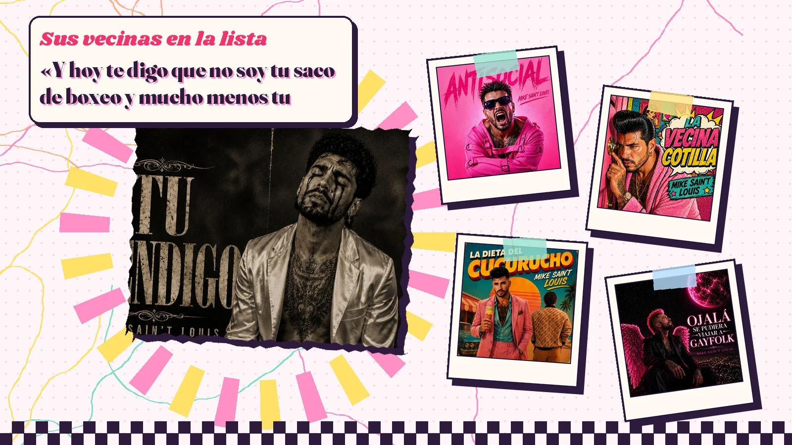 Collage con un detalle de la carátula de «Tu mendigo» y las carátulas de «Antisocial», «La vecina cotilla», «La dieta del cucurrucho», «Ojalá se pudiera viajar a Gayfolk»