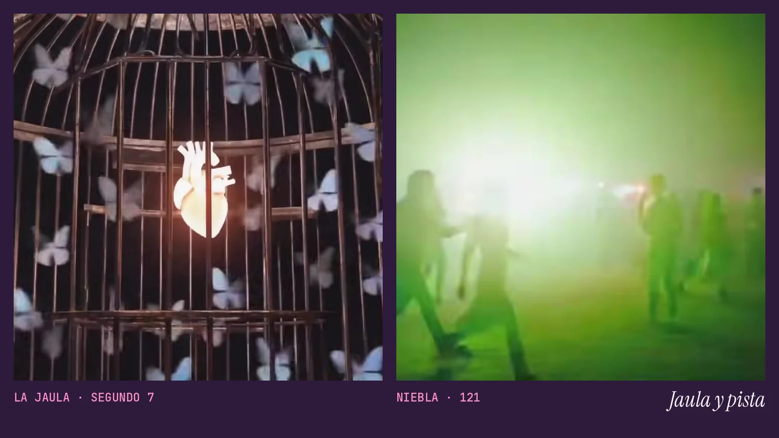 Díptico con dos fotogramas del videoclip de «No Contact»: un corazón luminoso dentro de una jaula dorada rodeado de mariposas blancas y varias siluetas sin rostro que bailan a contraluz en una niebla verde