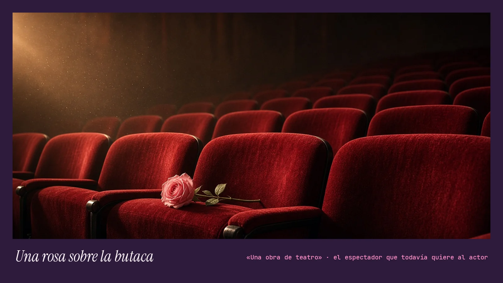 Ilustración de una fila de butacas rojas de teatro vacías con una rosa rosa apoyada en uno de los asientos