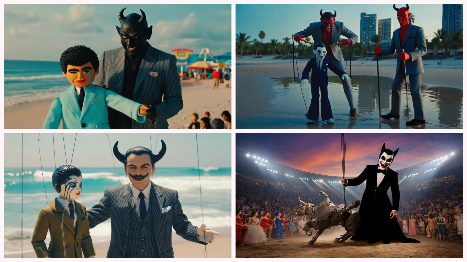 Mosaico de cuatro fotogramas del videoclip de «Another Narcissist»: un diablo de careta negra junto al muñeco de traje turquesa en la playa de la feria, dos diablos de careta roja con un títere azul sobre la arena mojada, un diablo de bigote y cuernos grandes junto al muñeco de verde oliva y un diablo de esmoquin con careta blanca y un toro mecánico en la plaza