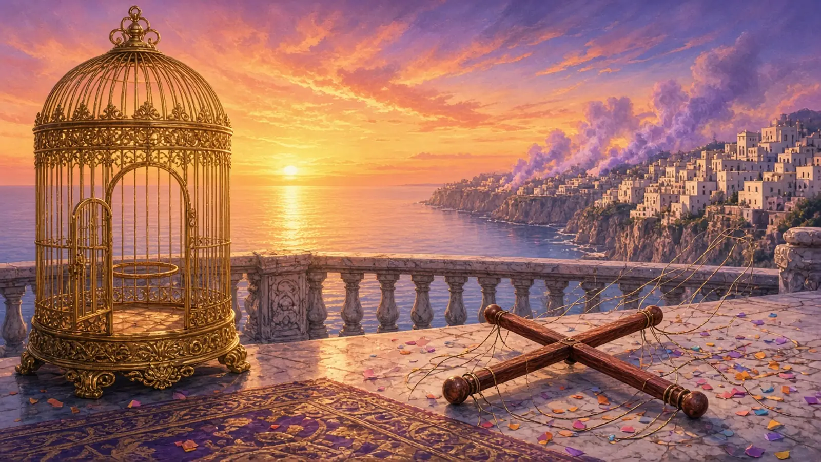 Ilustración sin personas de una jaula dorada vacía con la puerta abierta en un balcón de mármol al atardecer, frente al mar, con una cruceta de marioneta en el suelo y los hilos cortados