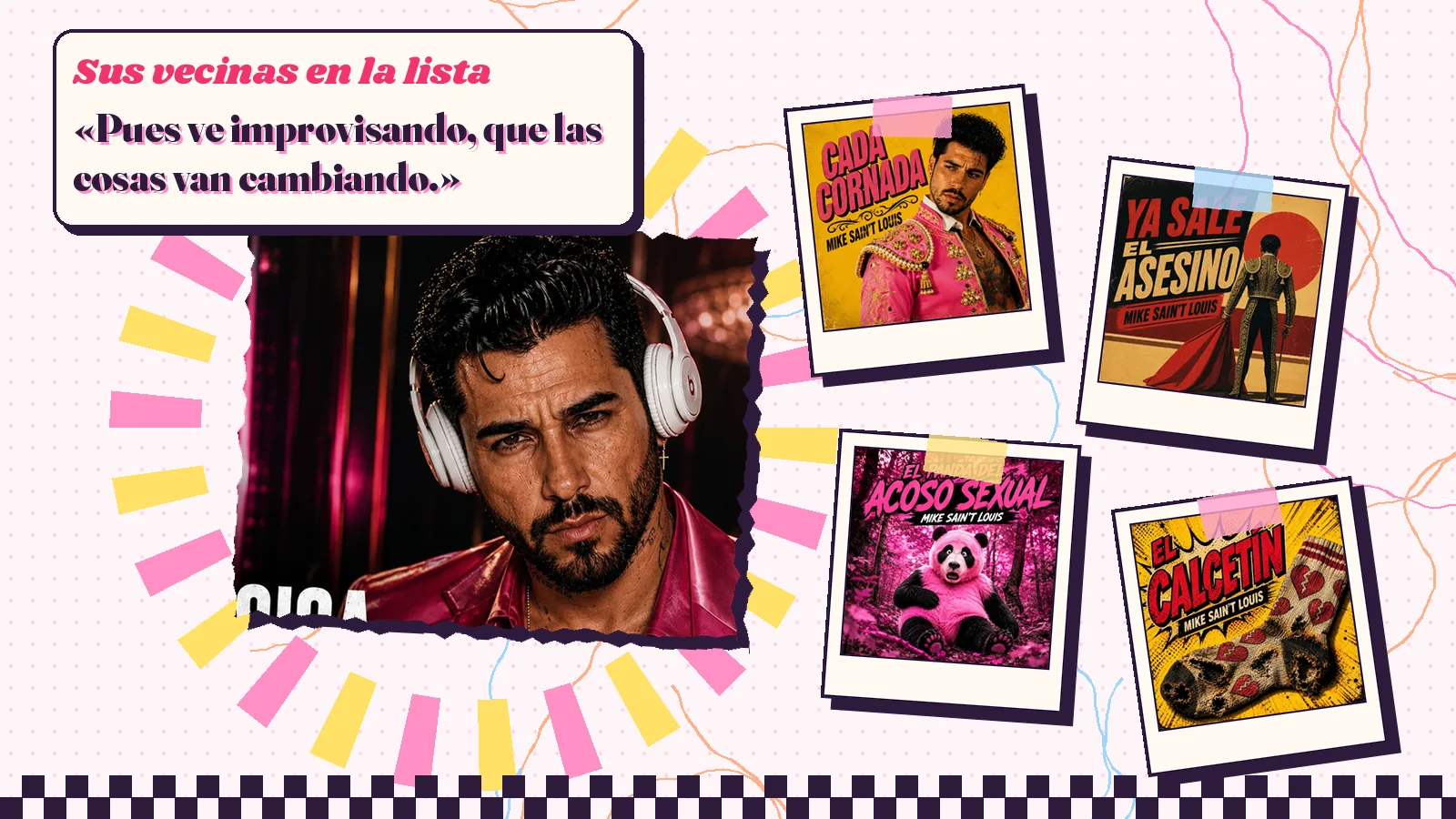 Collage con un detalle de la carátula de «La música me está salvando» y las carátulas de «Cada cornada», «Ya sale el asesino», «El panda del acoso sexual», «El calcetín»