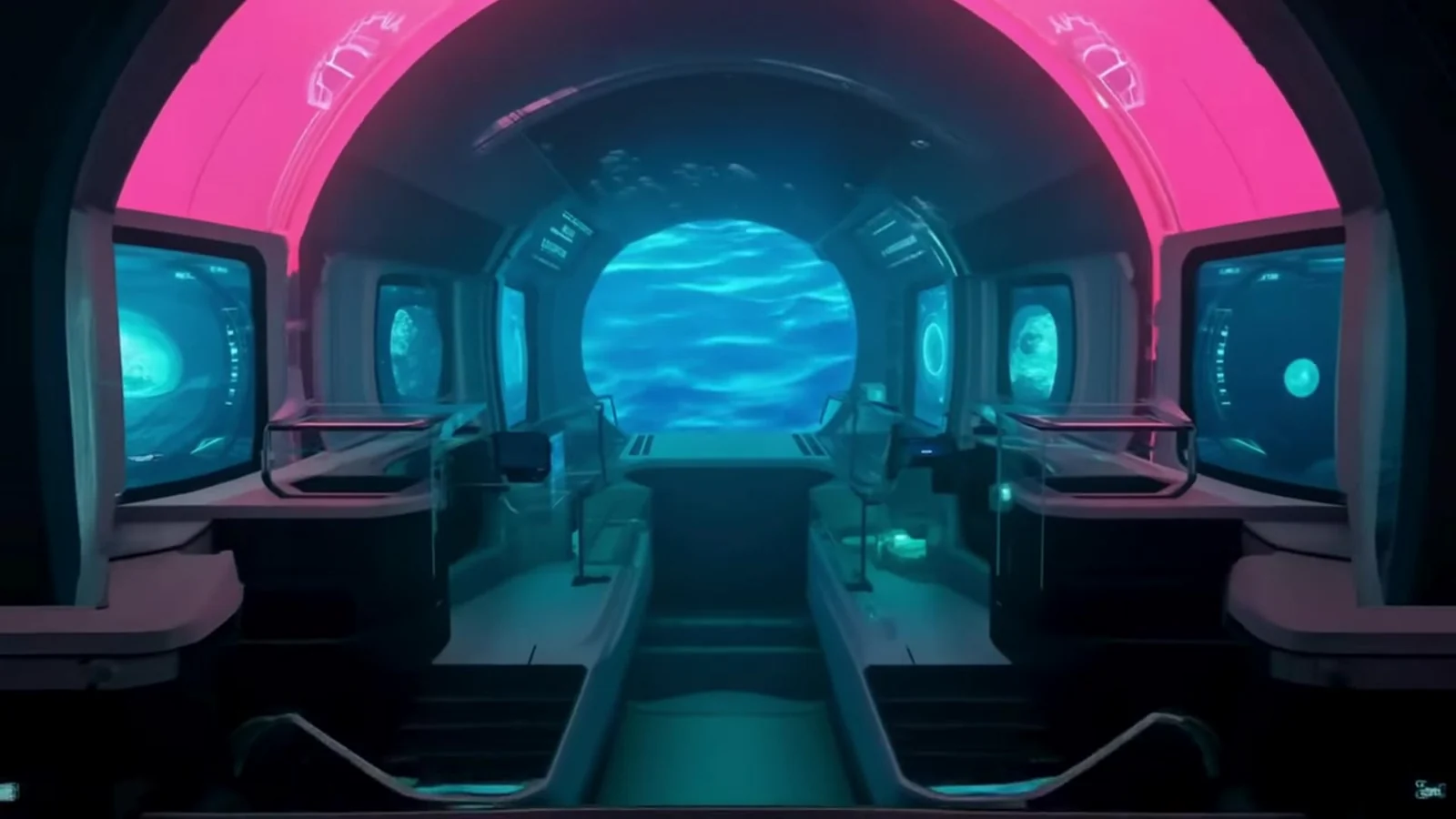 Fotograma del videoclip de «Ya no te quiero»: una cabina abovedada con luz rosa, pantallas azules a los lados y una ventana redonda al fondo con el mar en movimiento