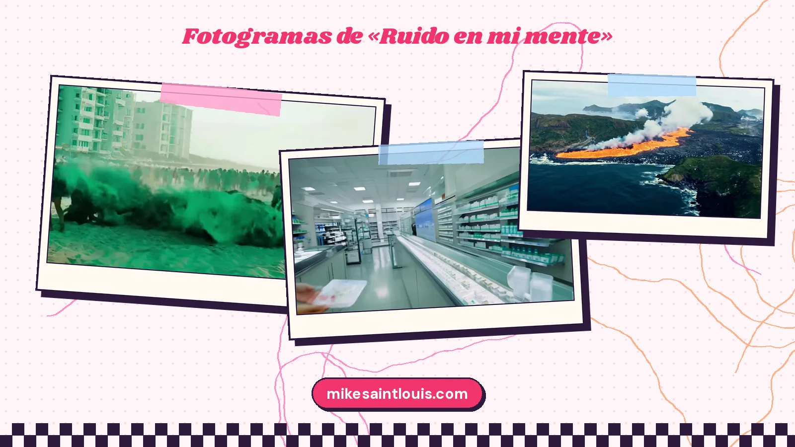 Tres planos del clip de «Ruido en mi mente»: la multitud que se vuelve una ola verde en la playa, la farmacia vacía con sus estanterías blancas y la lava que cae al mar