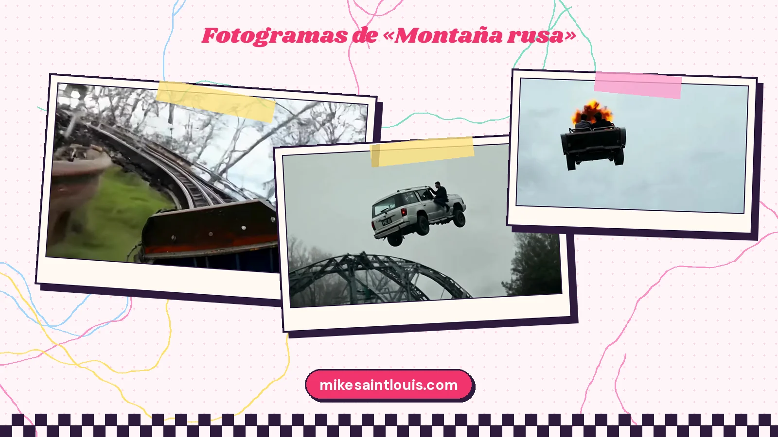 Tres planos del clip de «Montaña rusa»: la vía vacía que baja entre la niebla, un todoterreno blanco volando sobre un arco de acero y un coche ardiendo en el cielo