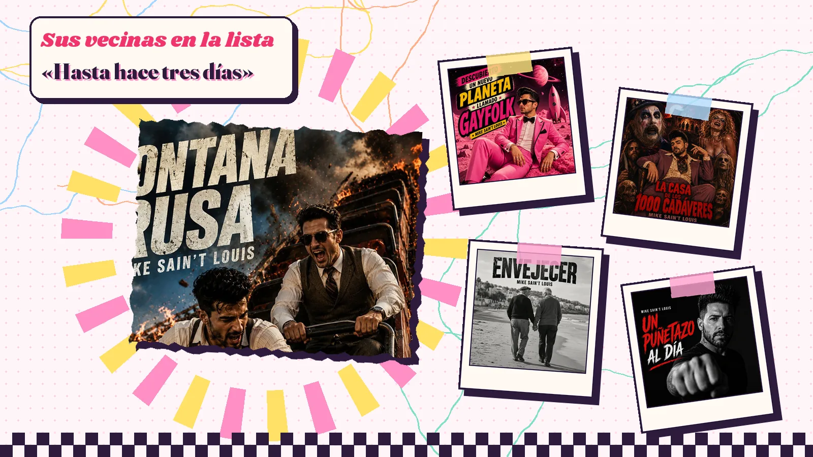 Carátula en llamas de «Montaña rusa» rodeada de sus vecinas en la discografía: el disco I, «La casa de los mil cadáveres», «Envejecer» y «Un puñetazo al día»
