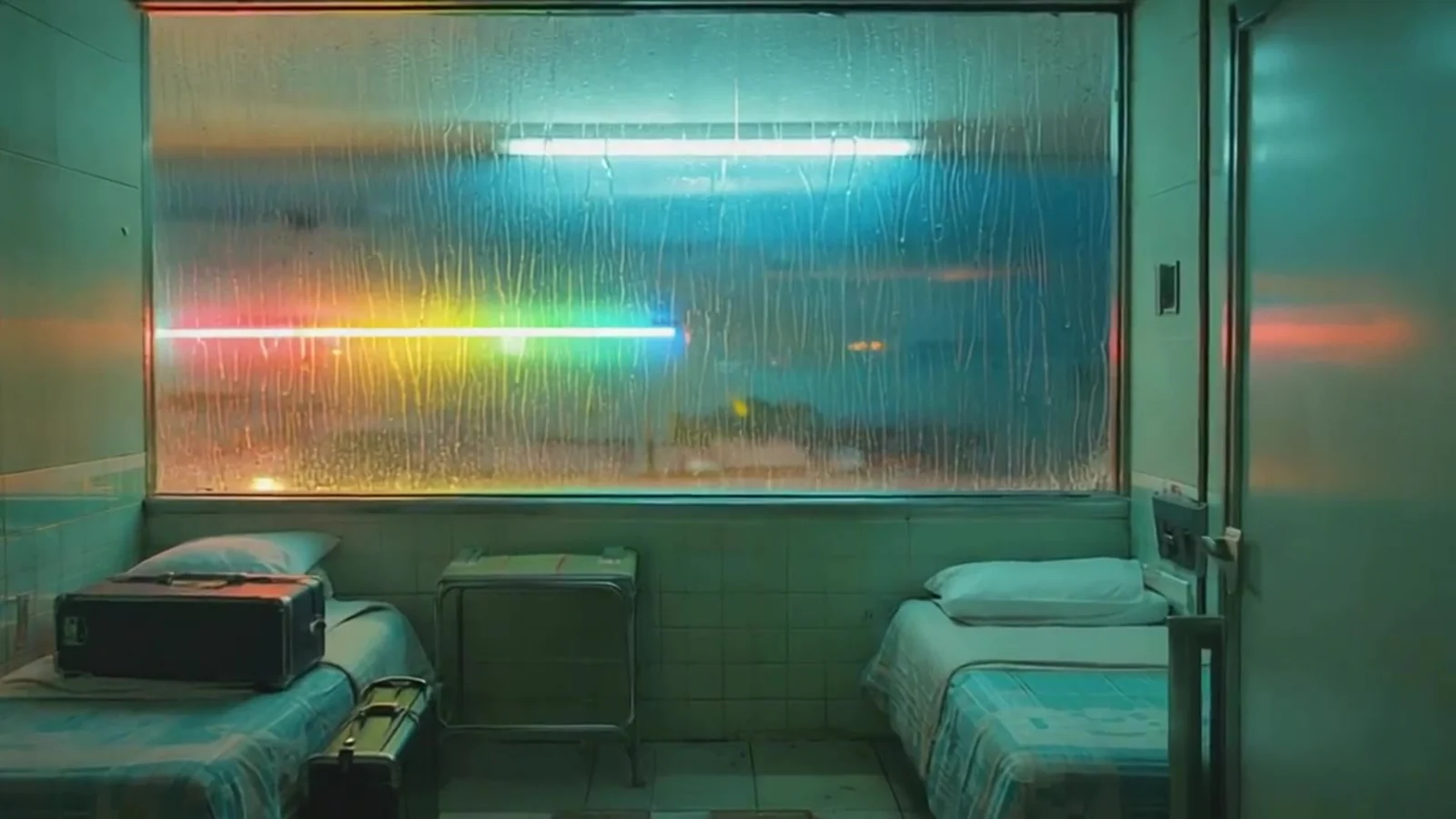 Fotograma del videoclip de «No me gusta el fútbol»: una habitación vacía de azulejos verdes con dos camas y una franja de neón arcoíris detrás de una ventana de cristal empañado