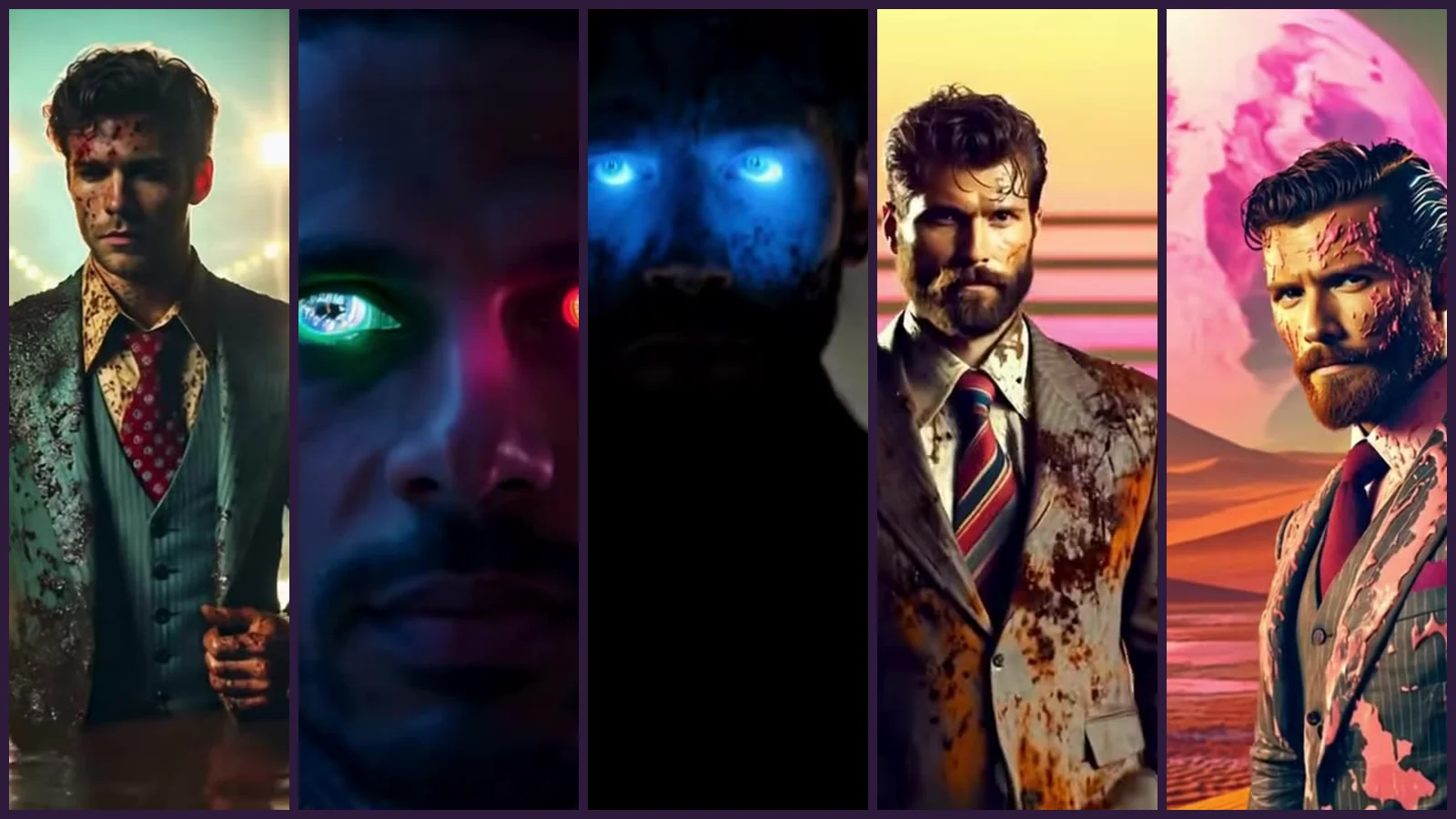 Cinco franjas verticales del videoclip de «Flash»: el hombre trajeado dentro del estanque de bombillas, unos ojos de neón verde y rosa, una silueta con ojos azules encendidos, un desierto con sol a rayas y otro con luna rosa gigante