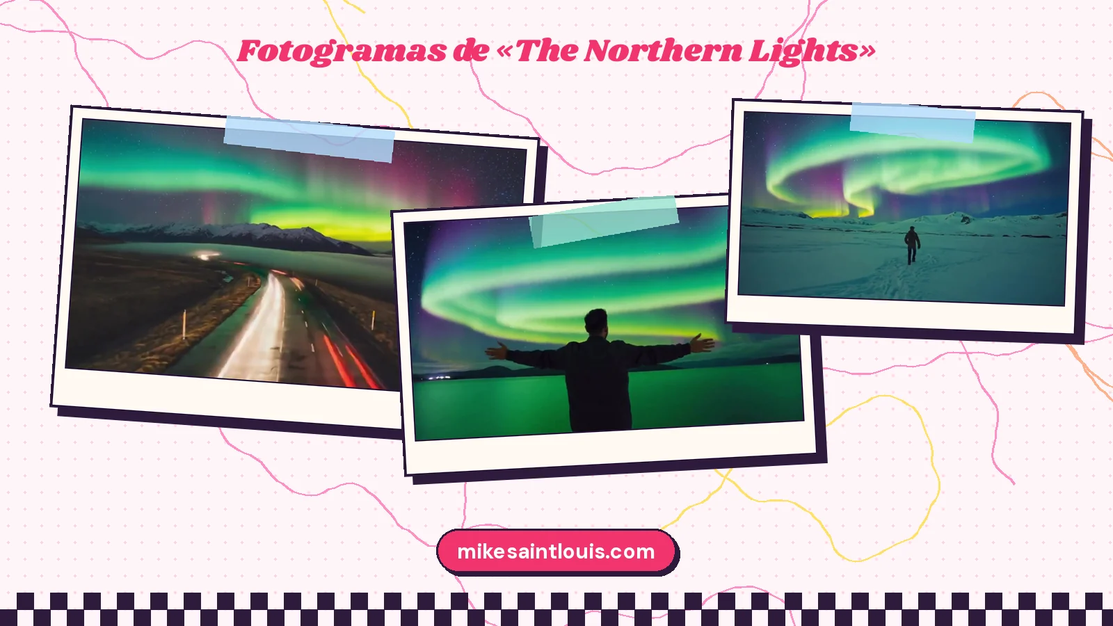Tres fotogramas del videoclip de «The Northern Lights»: una carretera nocturna con estelas de luz bajo la aurora, una silueta con los brazos abiertos ante el cielo verde y alguien que camina solo por la nieve
