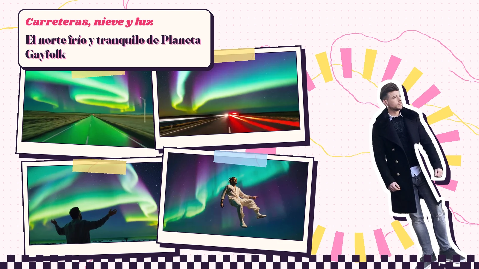 Collage de cuatro fotogramas de «The Northern Lights», una carretera que brilla en verde, estelas rojas en una autovía, una silueta con los brazos abiertos y un chico de blanco flotando, con una foto de Mike Sain't Louis con abrigo negro
