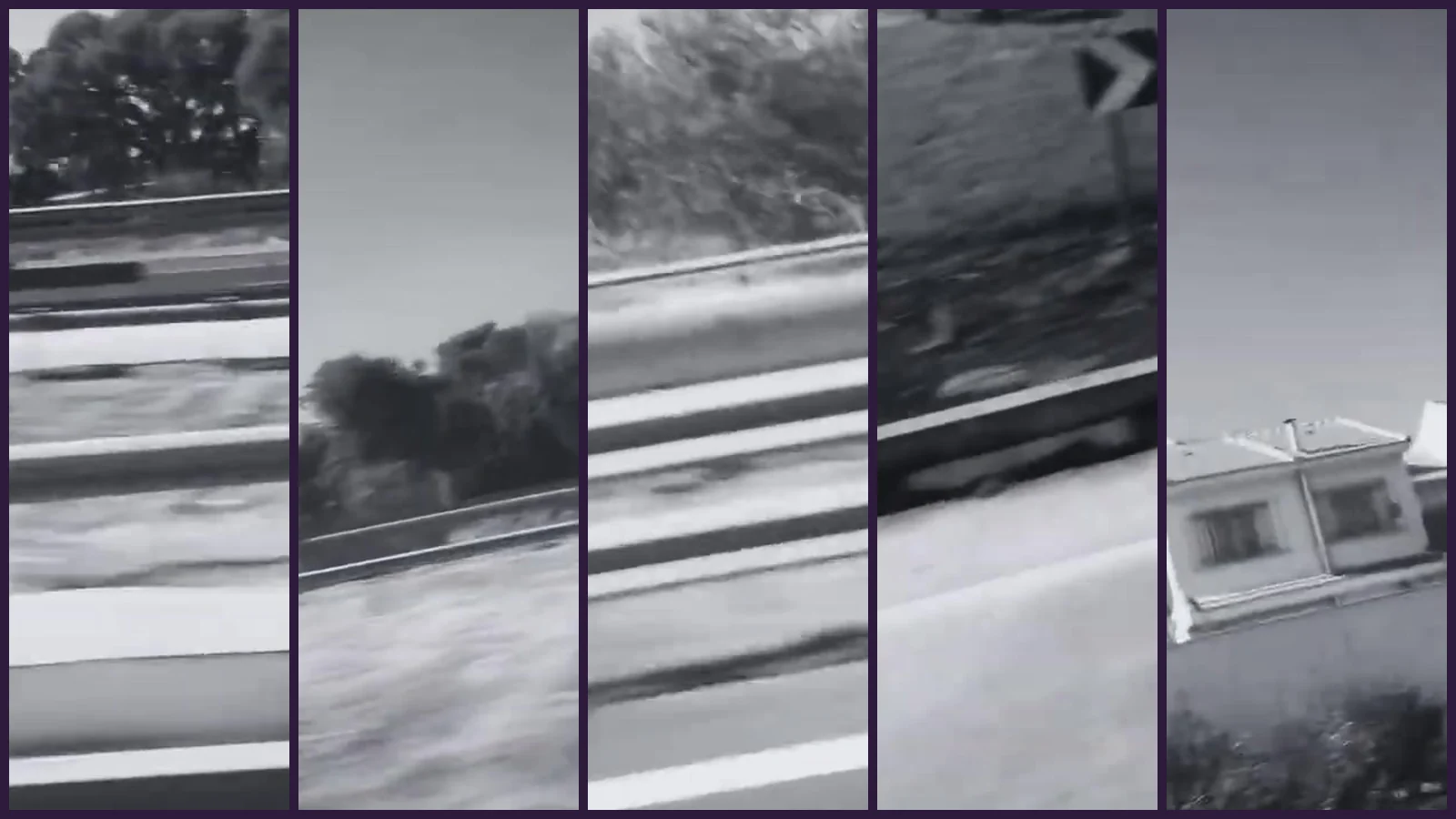 Cinco franjas verticales del videoclip en blanco y negro de «In the Quiet Room»: quitamiedos, matorrales, un talud con pinos, una señal de curva y casas blancas vistas desde un coche en marcha