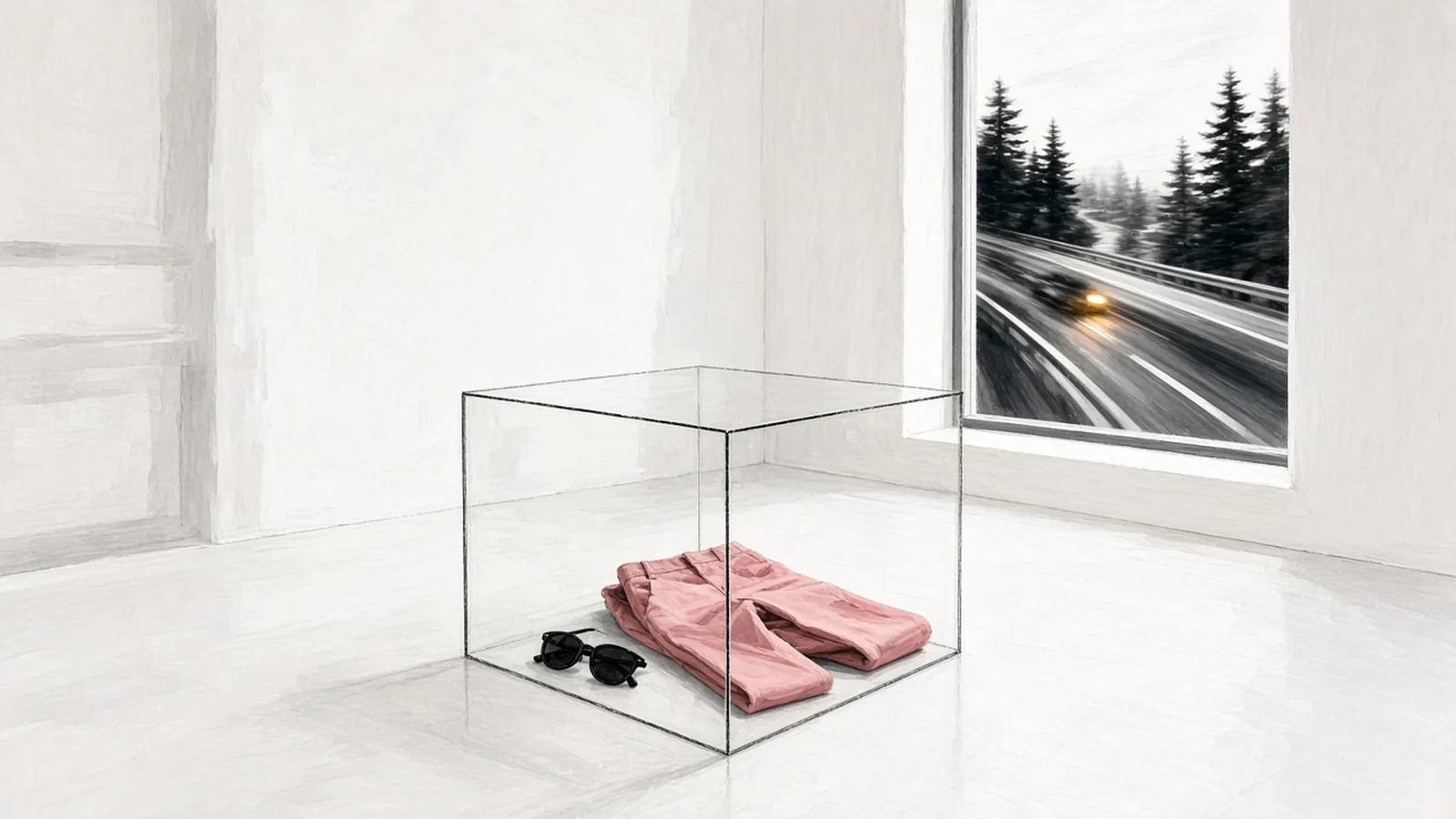Ilustración sin personas de un cubo de cristal vacío en una sala blanca, con unas gafas de sol y un pantalón rosa en el suelo y una autovía en blanco y negro al otro lado de la ventana