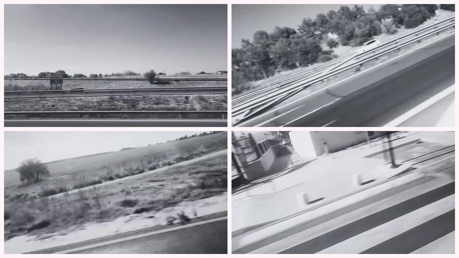 Mosaico de cuatro fotogramas de «In the Quiet Room»: campos llanos junto a la autovía, un coche blanco entre pinos, un árbol solitario en un campo seco y una calle de pueblo con barandillas